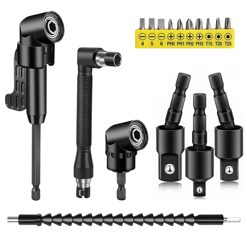 Serplex® 17Pcs Power Tool Accessory Set, Right Angle Drill Attachment with Flexible Shaft & Bit Adapters, Steel 90°/105° Corner Connector Screwdriver Bit Set for Tight Spaces, Home Repair-image-41