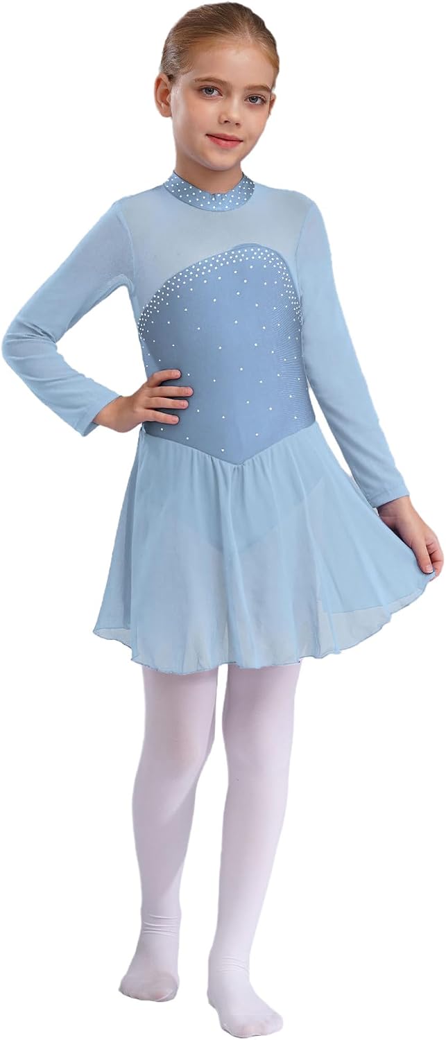 Shinsto Kids Girls Figure Ice Skating Dress Rhinestone Long Sleeve Sheer Mesh Keyhole Back Dance Leotard Dress