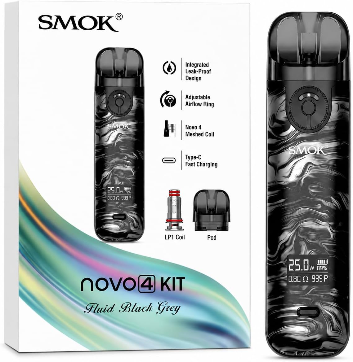 Novo 4 Pod Kit 25W Built-in 800mAh Battery Vape [Fluid Black Grey] | One-Button Power Control, Rechargeable, 0.49-Inch OLED Screen, LP1 Mesh Coils Included, No Nicotine No Liquid