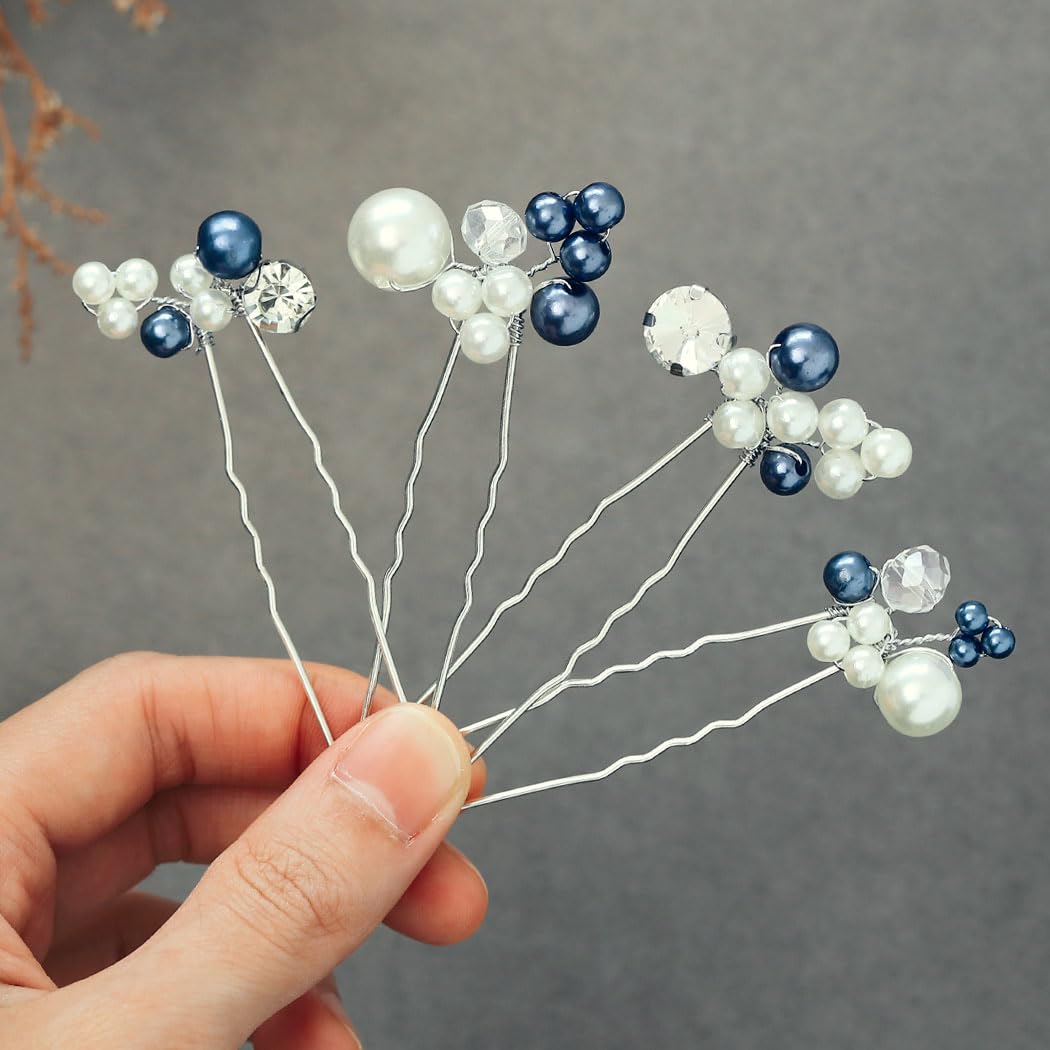 Heread Blue Pearl Bride Wedding Hair Pins Silver Crystal Bridal Hair Pieces Hair Clips Accessories for Women and Girls(Pack of 4) - Image 2