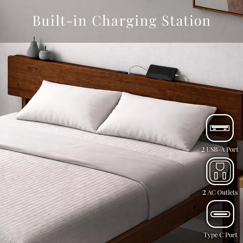 タンスのゲン Twin Solid Wood Platform Bed with Headboard and Charging Station – Adjustable Height, No Box Spring Needed, Easy Assembly, Light Brown, 49604350(108709)