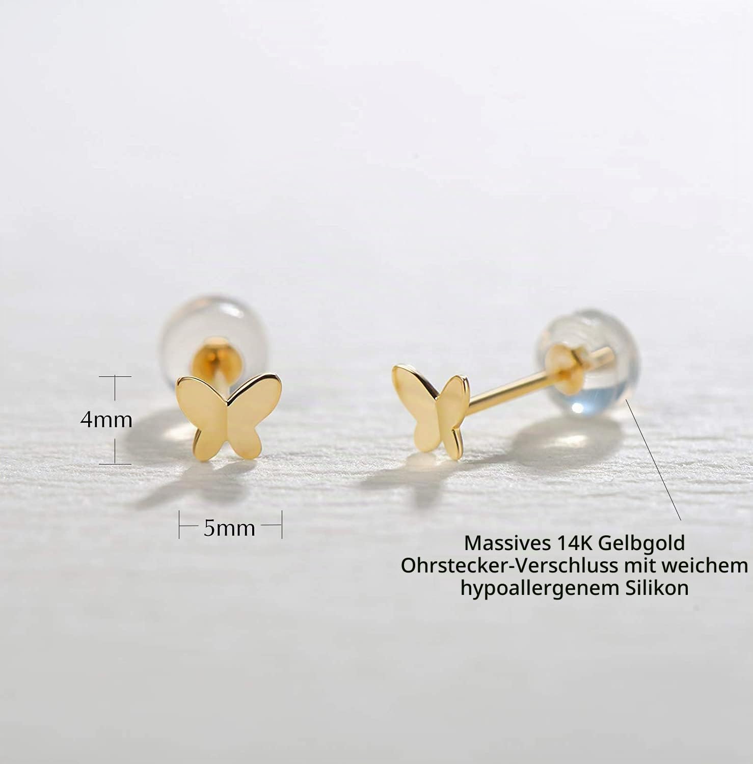 Solide 14 Karat 585 Gelb Gold Schmetterling Anhänger Kette Halskette/Ohrstecker Ohrringe klein Basic Minimalist Echt Schmuck für Damen Mädchen mit Geschenk Box
