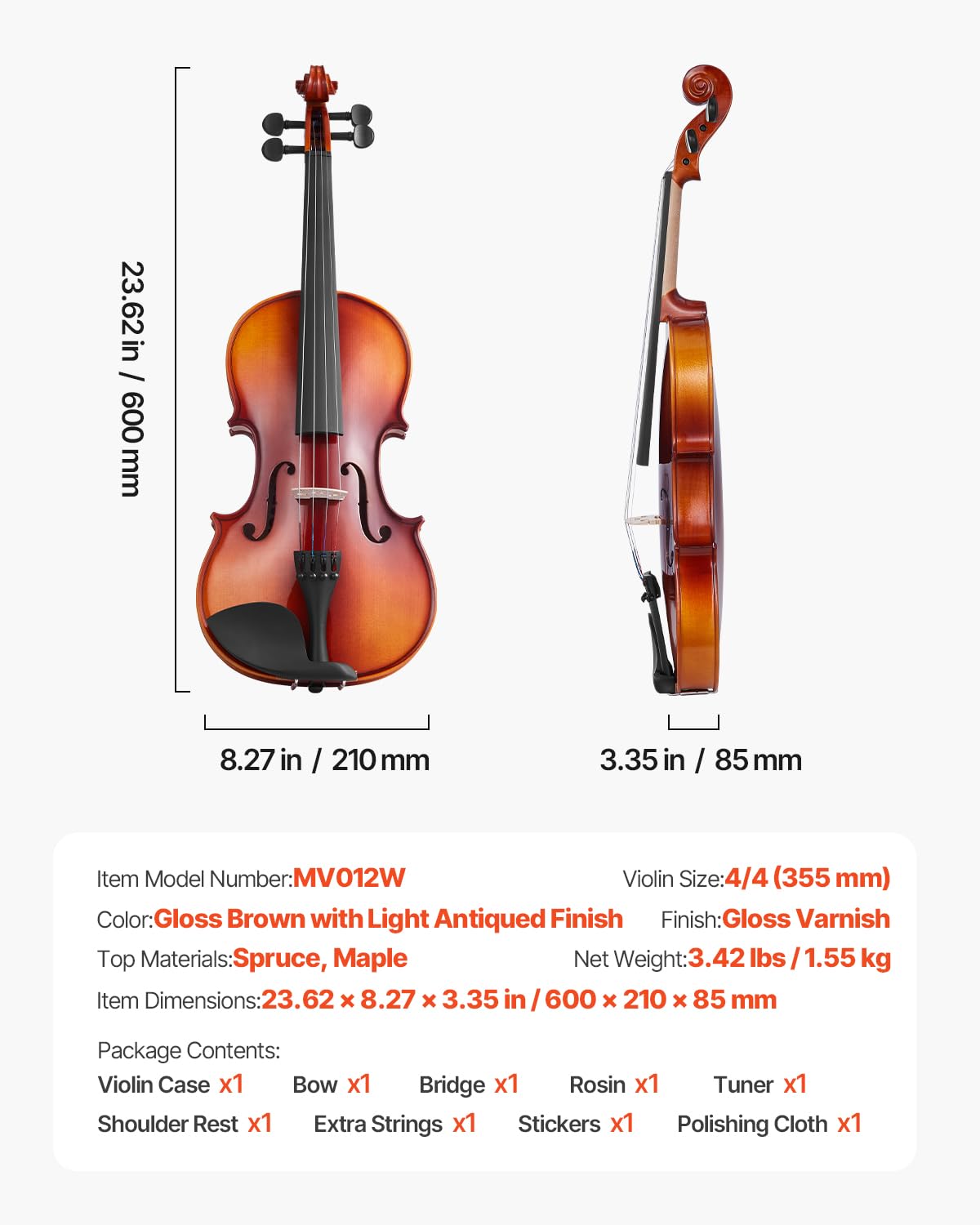 VEVOR Set di Violini da 355 mm Set Completo per Violino in Legno Massello, Misura Standard, con Custodia Rigida, Colofonia, Archetto, Spalliera, Ponticello, Corde Extra, Marrone Lucido