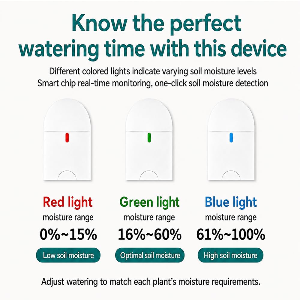 Misuratore di umidità del suolo con un clic, sensore di umidità per piante con indicatore luminoso a 3 colori, per piante da interno, sonda tester per piante grasse, piante grasse, giardino