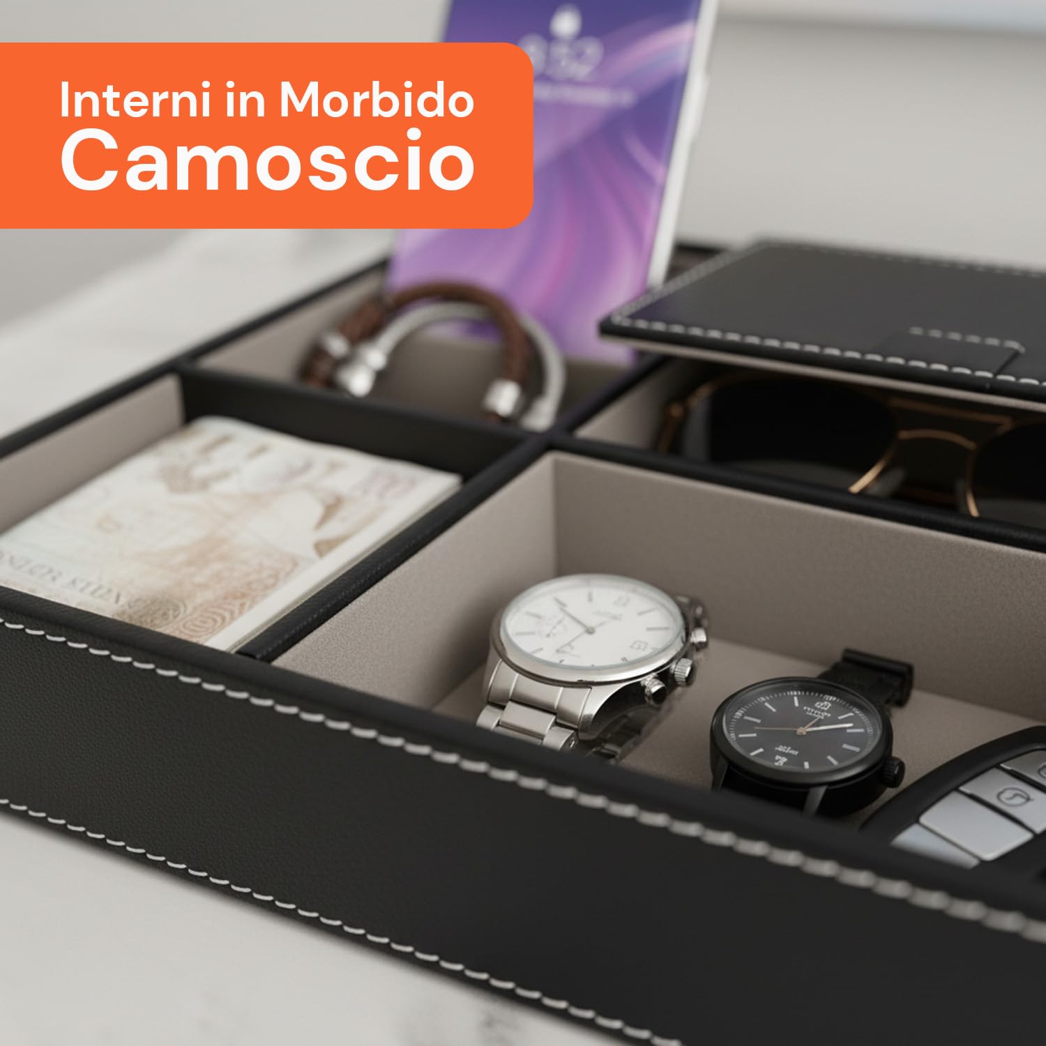 Avilia – Svuotatasche in Similpelle Nera con 5 Scomparti, Organizer da Tavolo Multifunzionale per Camera, Ingresso e Ufficio, Vassoio Portaoggetti Elegante Design Moderno e Interno in Camoscio