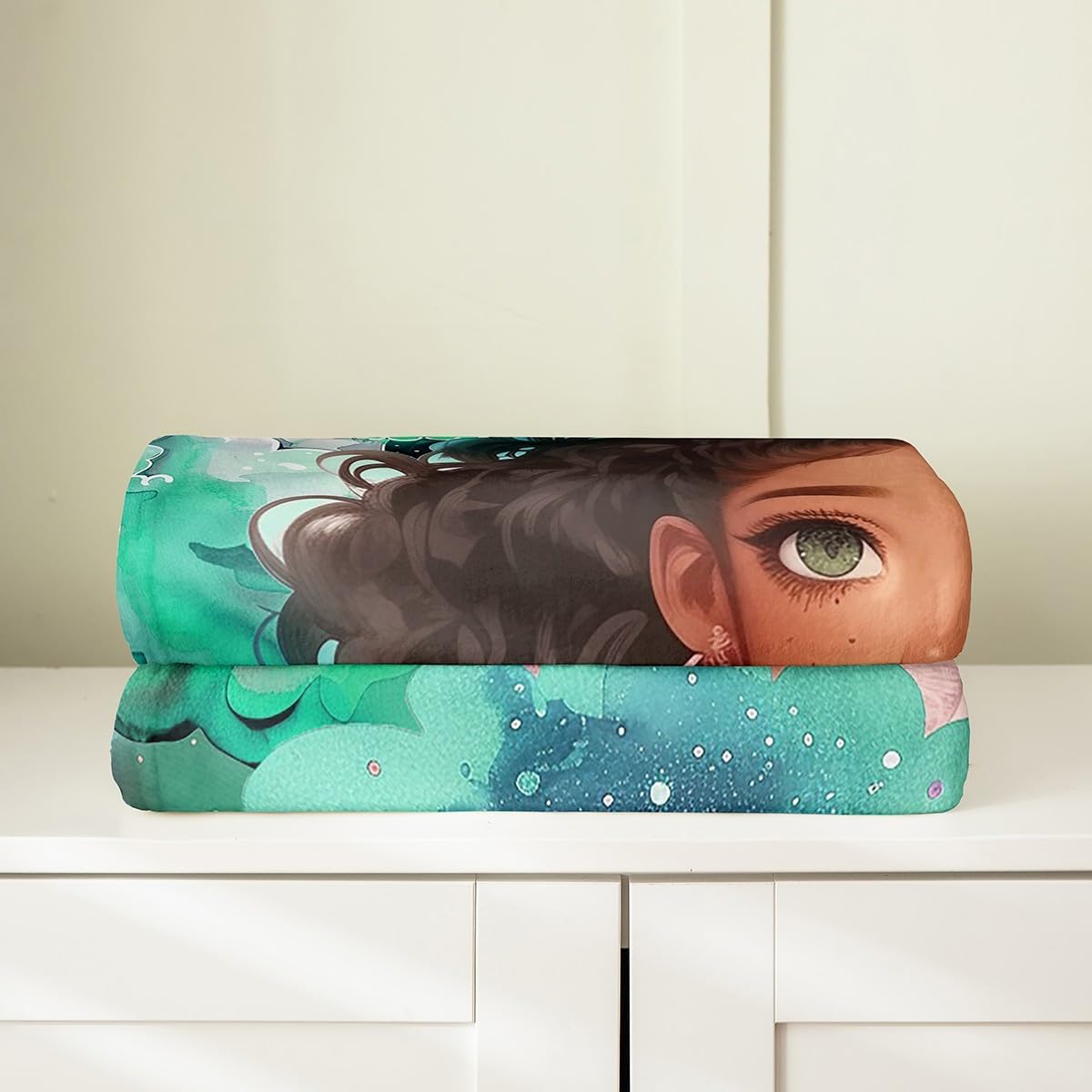 African Cute Girl Fleece Blanket,Black Skin Princess Dreamy Fairy Tale Bed Blanket for Kids Teens,Starry Moon Sky Glitter Watercolor Green Flannel Blanket for Room Decor,Queen 90"x90"