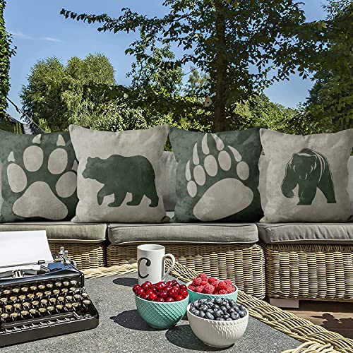 Bear Pillow Covers Set Of 4 18X18 Inch, Black Bear Paw Print Throw Pillow Covers Cabin Decor Gray Pillowcase Rustic Wild Animal Cushion Couch Cover Outdoor Cushion Case #TOP1
