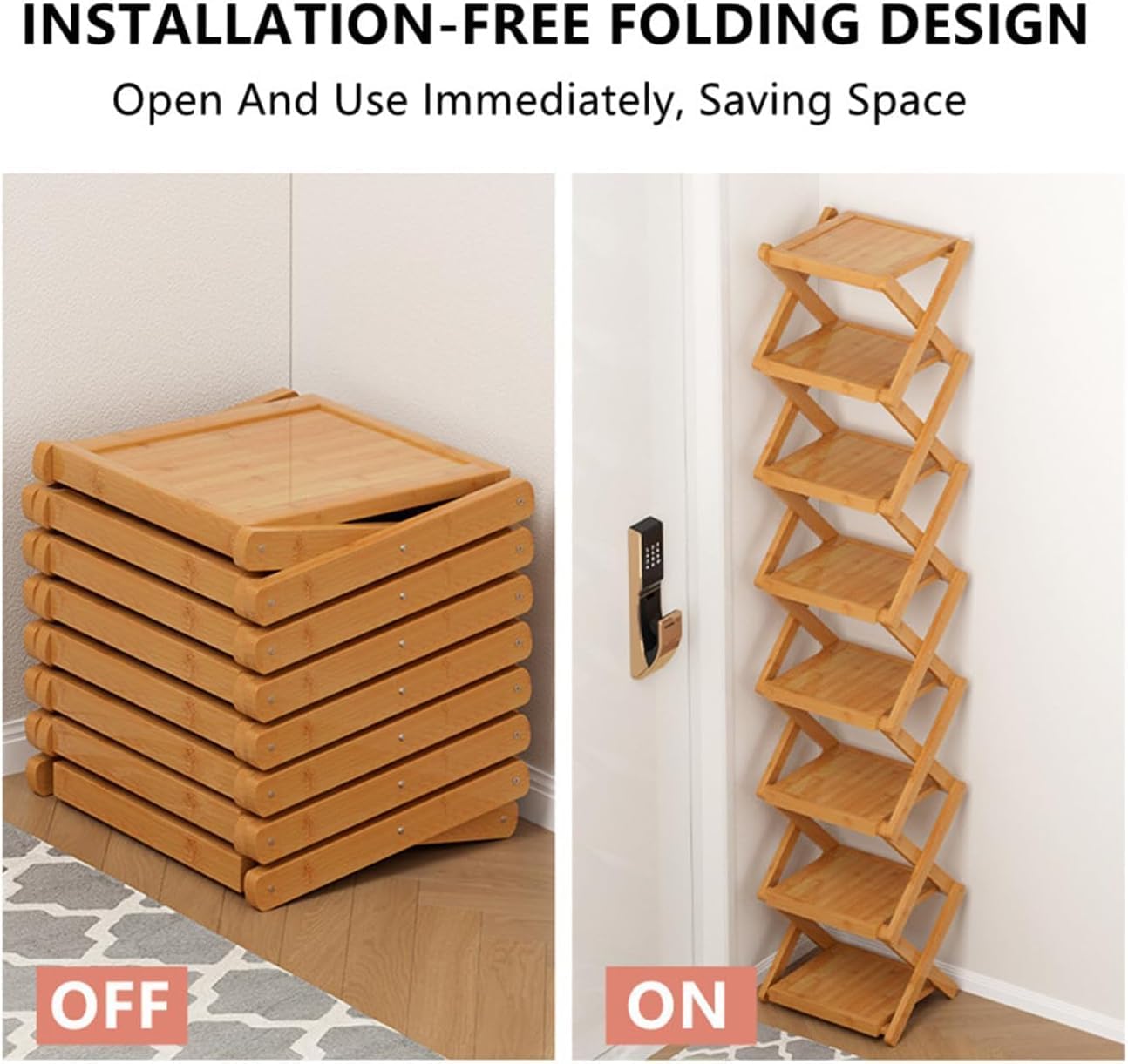 The 9-Tier No-Assembly Bamboo Rack for Shoes, Foldable 9 Tier Bamboo Shoe Rack, Collapsible Shoe Rack, Space-Saving, No Assembly Narrow Shoe Shelf for Entryway Closet Dorm (Brown, 8 Layers)