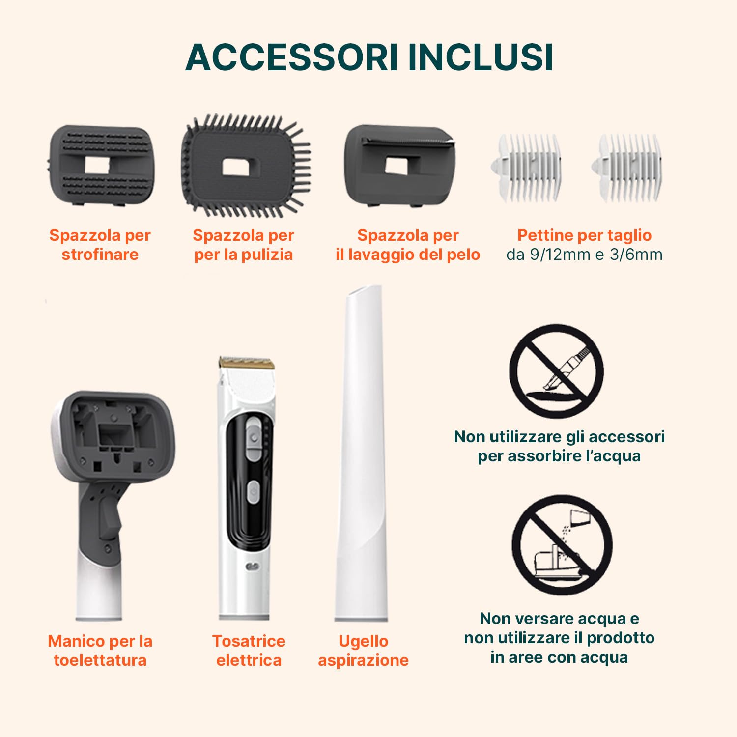 Kit Toelettatura 3in1 per Cani e Gatti - Spazzola, Tosatrice e Aspirapeli – 3 Velocità 350W - Serbatoio 2L e Tubo 1,6m - Toelettatura Completa per Pelo Lungo e Corto - 22x32x13cm