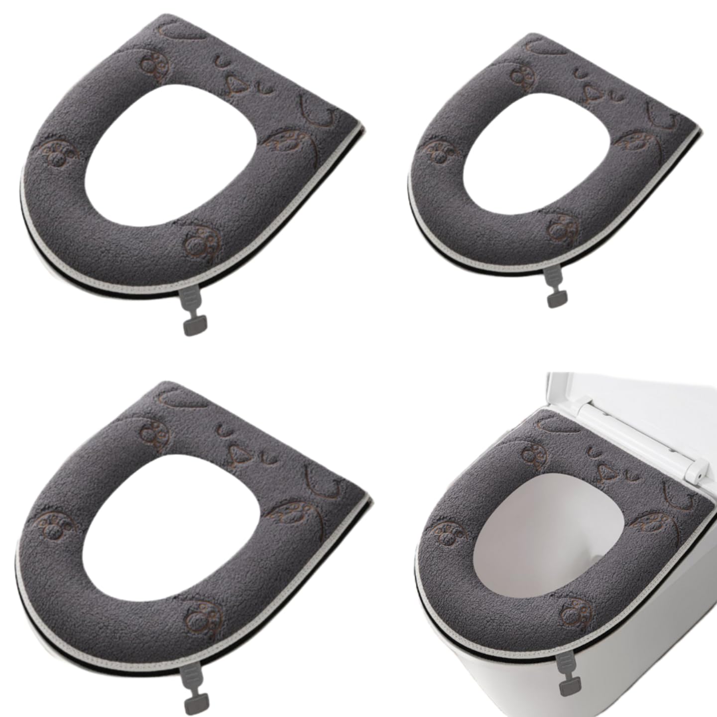 Pack of 3 Toilet Seat Covers, Toilet Warmer Pad, Washable Toilet Seat Cushion with Handle and Zip (Grey)