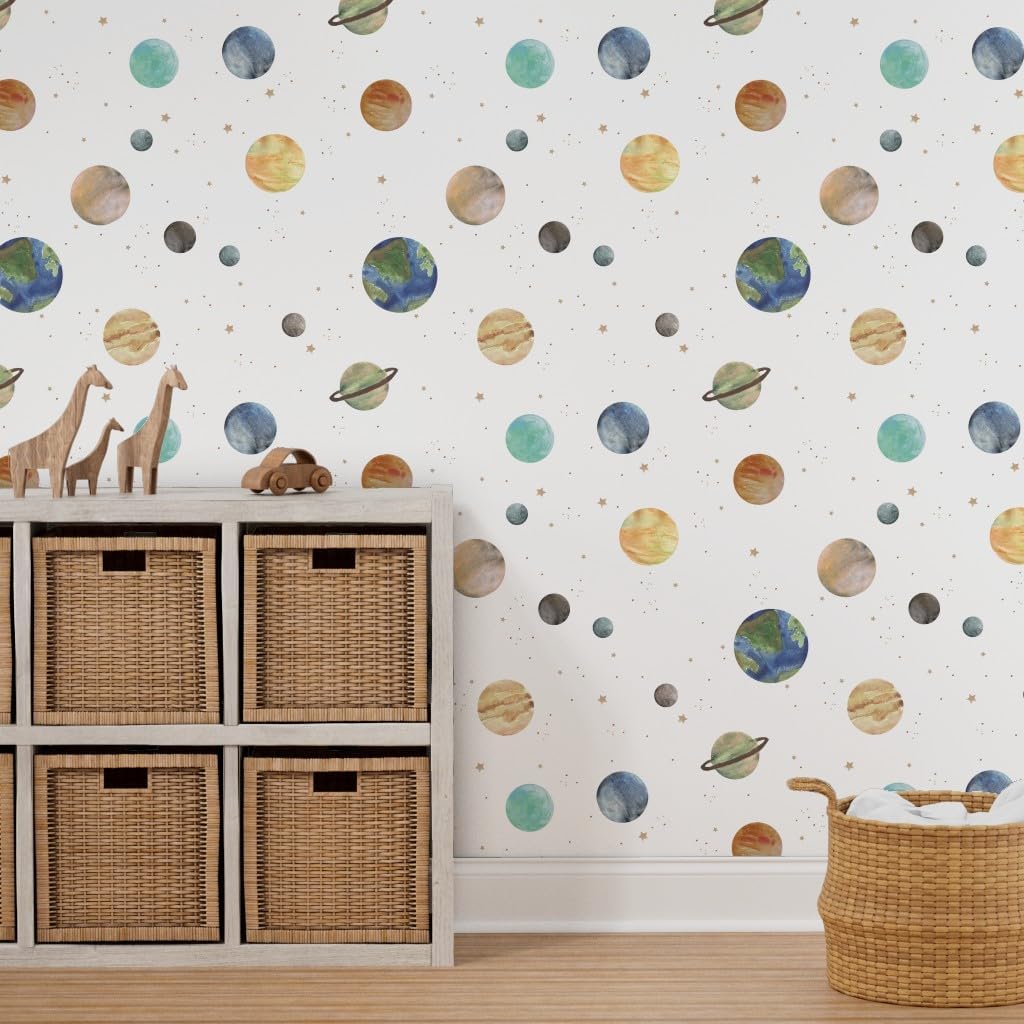Peel & Stick Wallpaper 3ft x 2ft - Solar System Medium Space Theme Planets Stars Astronomy Custom Removable Wallpaper by Spoonflower
