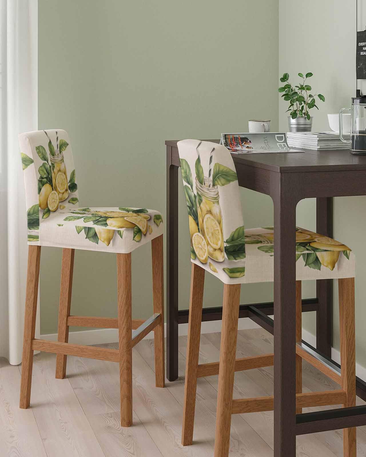 Wowouhiya Summer Lemon Bar Stool Covers - Stretch Dining Chair Covers Set of 4, Yellow Fruits Green Leaf Vase Vintage Bar Chair Cover Removable Counter Stool Pub Chairs Slipcovers Protectors