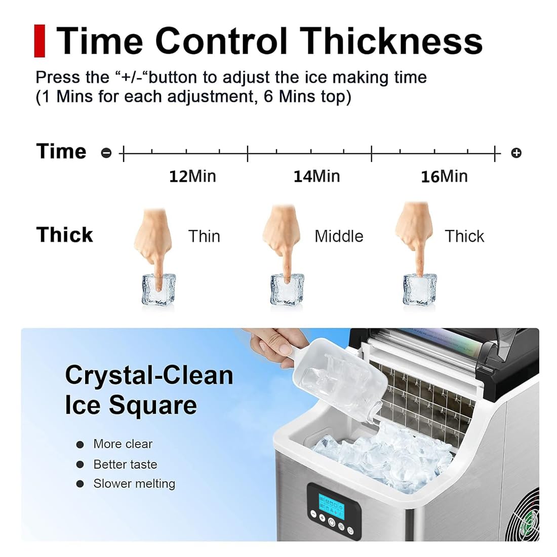 Countertop Ice Maker Stainless Steel with Touch Screen 44 lbs Cubes Daily ，Square Ice 24 Pcs Ready in 12 Mins,2 Way Add Water, Self-Cleaning,Timing,Ice Cube Maker with Ice Scoop & Basket