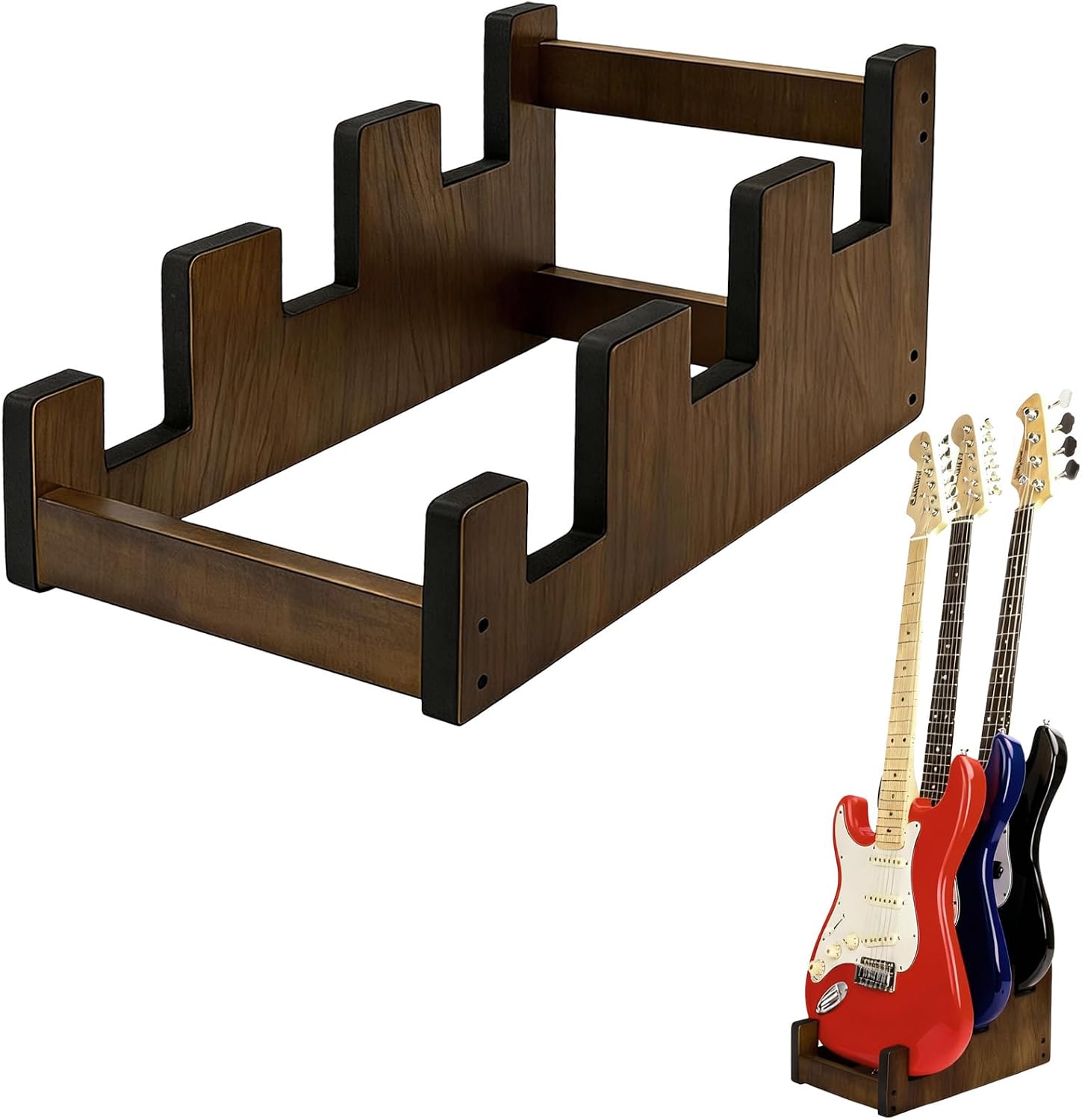 Compact Tiered 3 Guitars Stand, Walnut Wooden, Electric Guitar Stand, Wood Grain Finish, 14.5 X 8.43 X 8.27 in