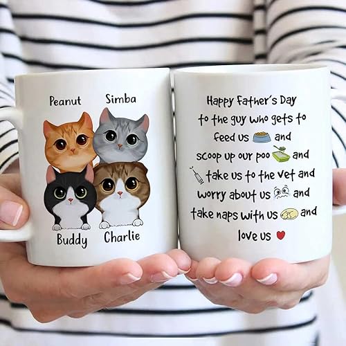 Taza personalizada con texto en inglés «Happy Father's Day To The Guy Who Gets to Feed Us», taza de regalo para los amantes de los gatos, papá y