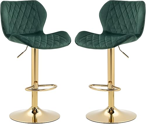 Juego de 2 taburetes de bar giratorios, taburetes de bar ajustables con respaldo de patrón rómbico, reposapiés y base de metal, sillas de bar de