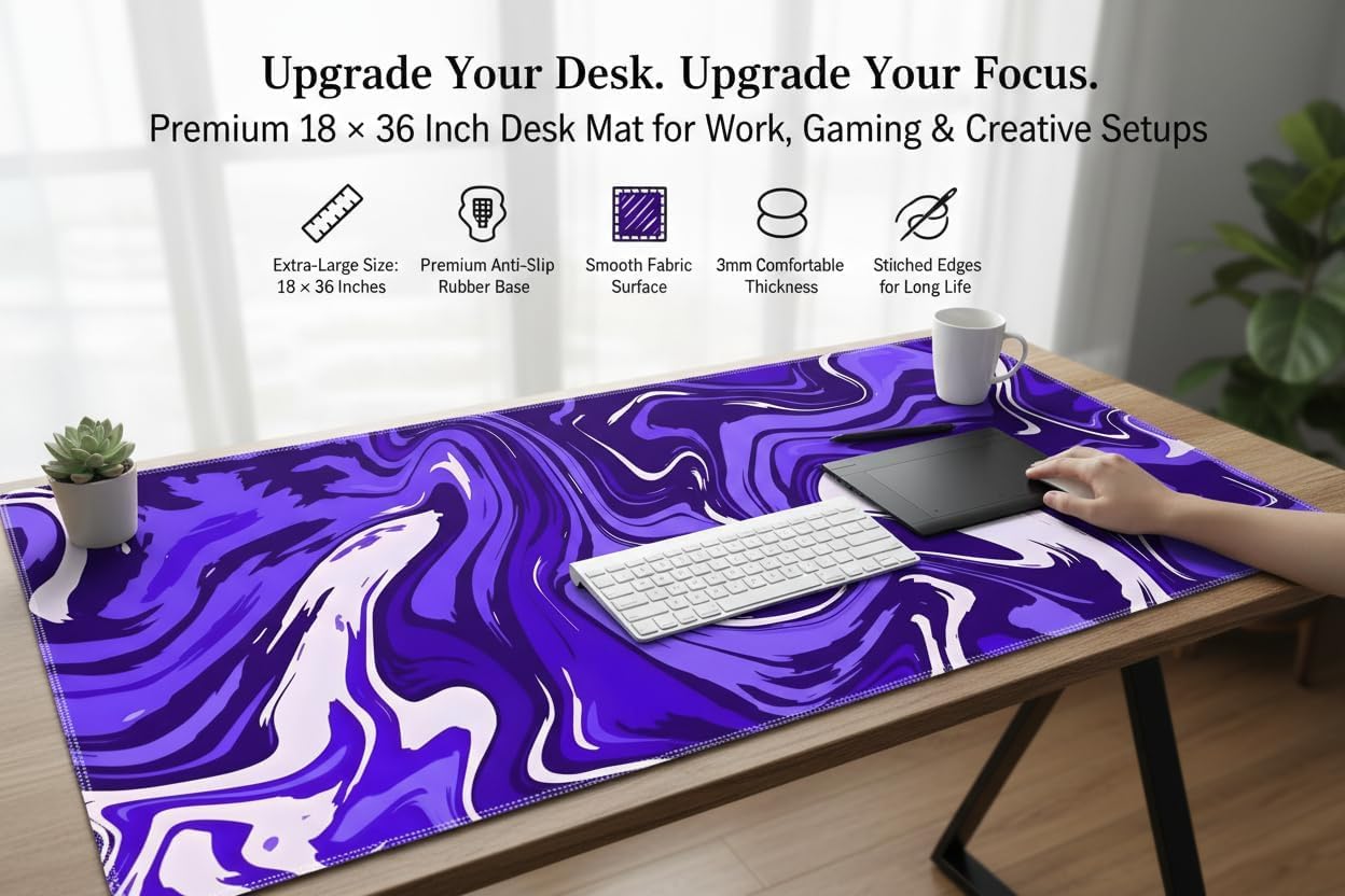 Extended Desk Mat 458 x 915 mm | Premium Abstract Purple Mouse Pad with Stitched Edges | 3mm Thick Non-Slip Desk Pad for Gaming, Office & Workstation