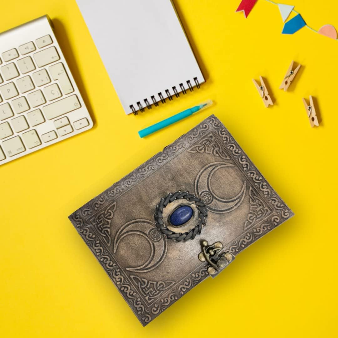 OVERDOSE Vintage Moon Design Stone Leather Journal With Brass C-Lock - Handmade Unlined Paper Leather Bound Journal | Sketchbook & Notebook - Drawing Journal - 5 x 7 inches | 12 x 17 cm | A6