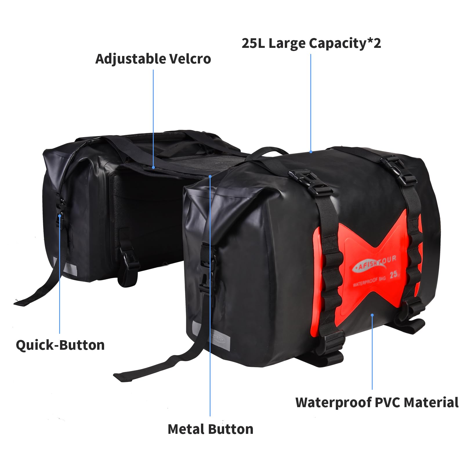 Lot de 2 sacoches de moto imperméables - 50 L - Pour moto et voyage - Sacs amovibles pour scooter, Honda, Suzuki, Yamaha (rouge)