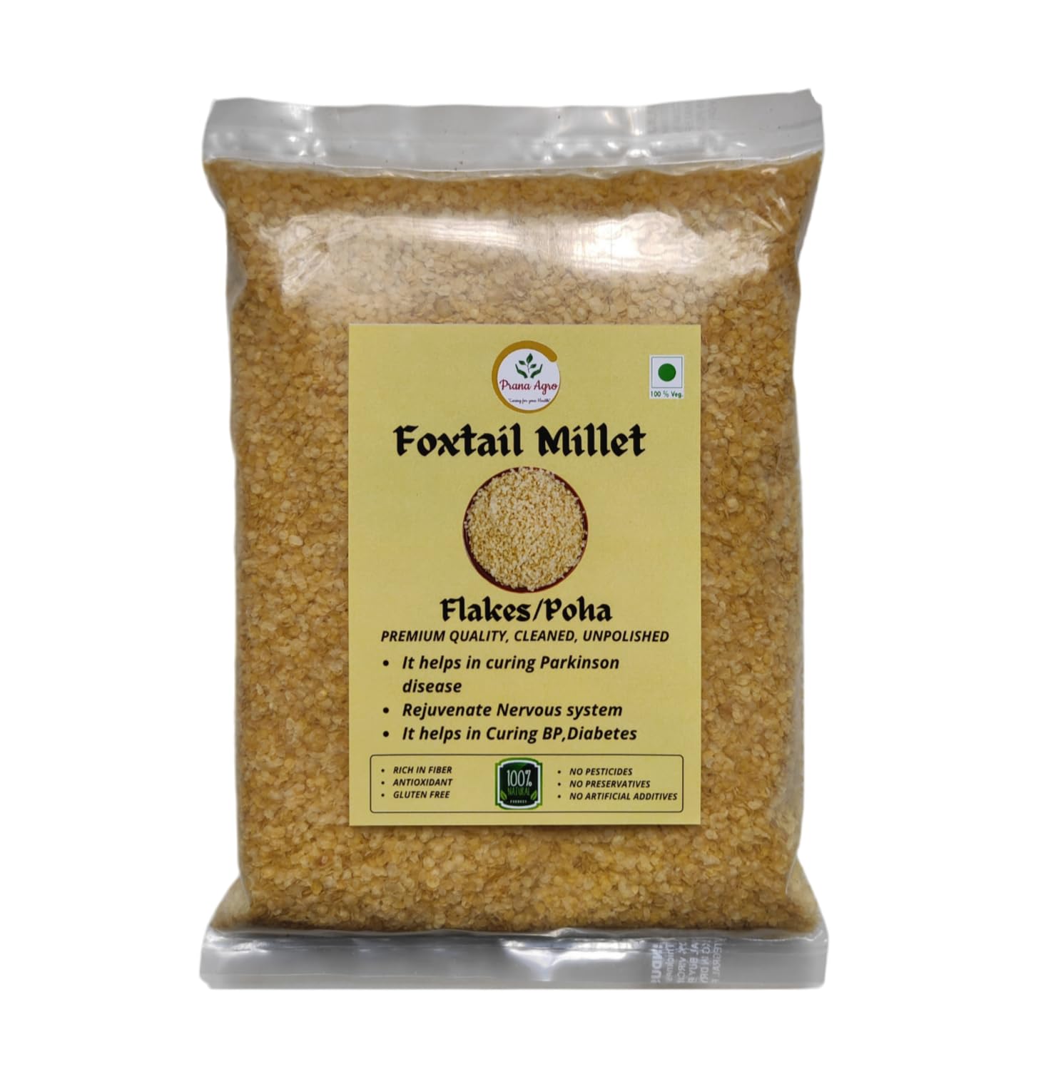 Prana Agro Foxtail Millet Flakes/Poha (500 Grams) | Cleaned | Unpolished Millet | Naturally Produced & Gluten-Free | Ancient Grains for Health Benefits.