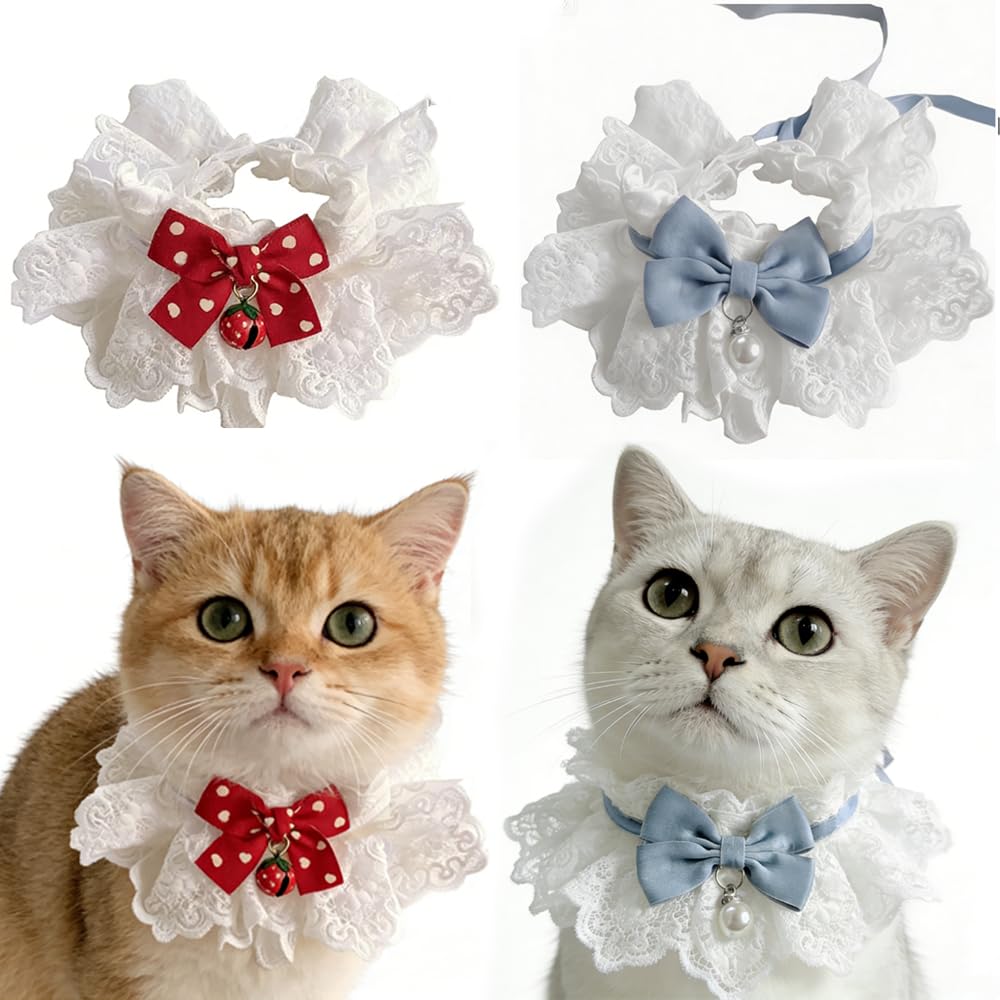 Elegant Pet Lace Collar with Bow, Adjustable Cat Bib Scarf with Bell Charm, Decorative White Lace Neckwear for Cats and Small Dogs,Red and Blue