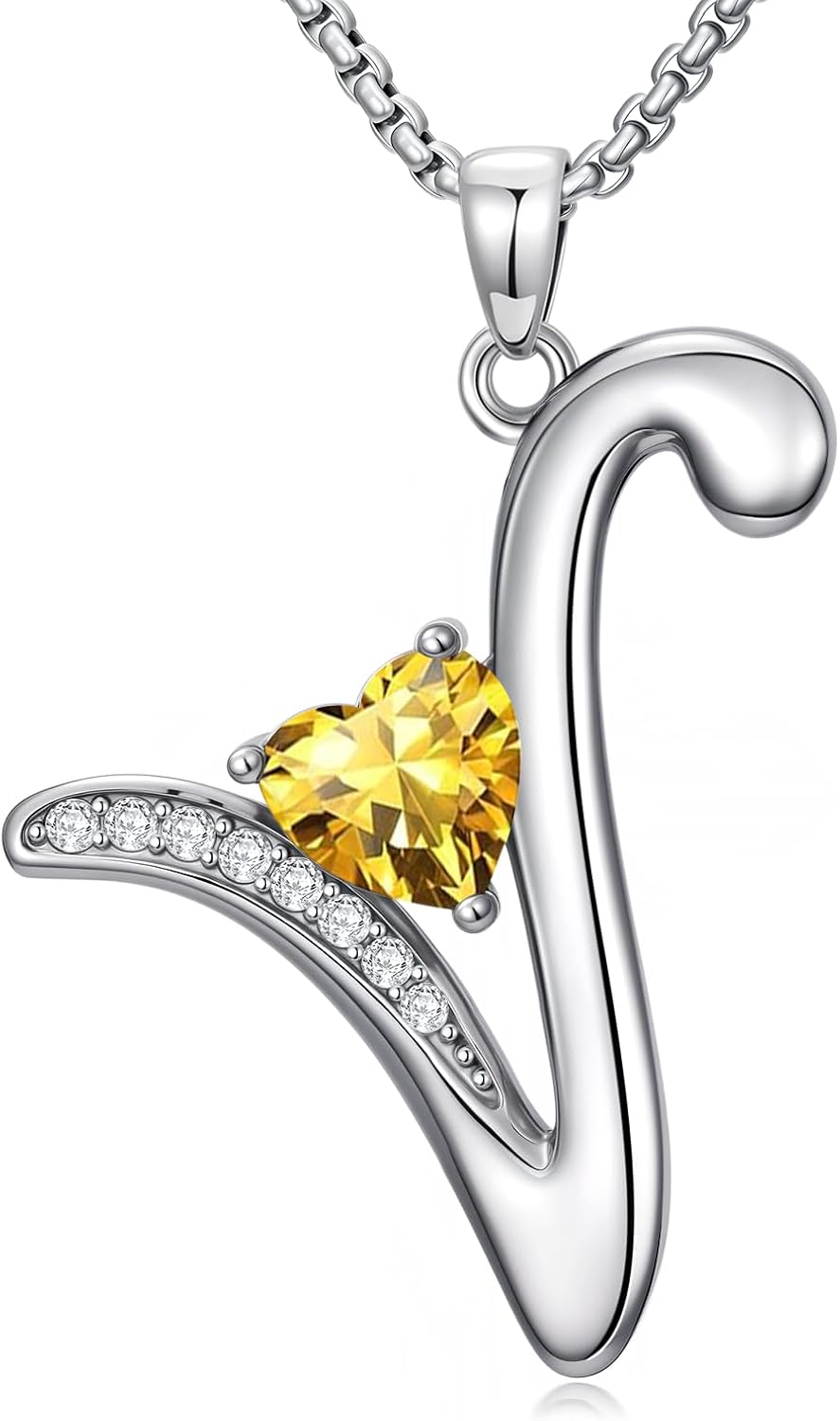 Valentines Day Gifts for Her Alphabet A to Z Initial Birthstone Pendant Necklaces for Women - 18k White Gold Plated Personalized Name Jewelry Valentine Mothers Day Birthday Gifts for Women Her Girlfriend(with Gift Box)