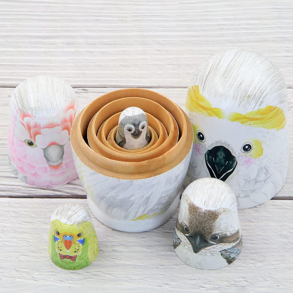 Boerni Juego de 5 muñecos rusos de madera con diseño de búho, hechos a mano, para niños, cumpleaños, Navidad, decoración del hogar