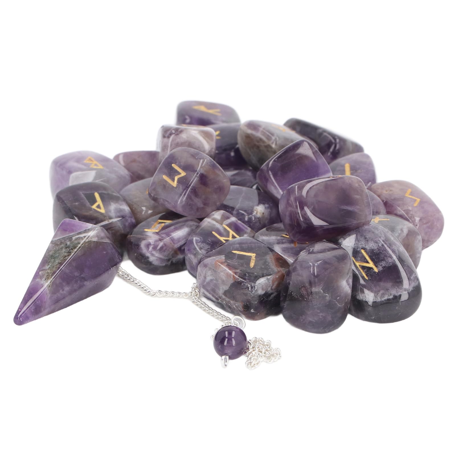 Juego de 25 Piedras Rúnicas de Cristal con Símbolos Grabados, Péndulo de Cristal y Bolsa de Almacenamiento para Adivinación, Meditación, Curación de Chakras y Conexión Espiritual (Amatista