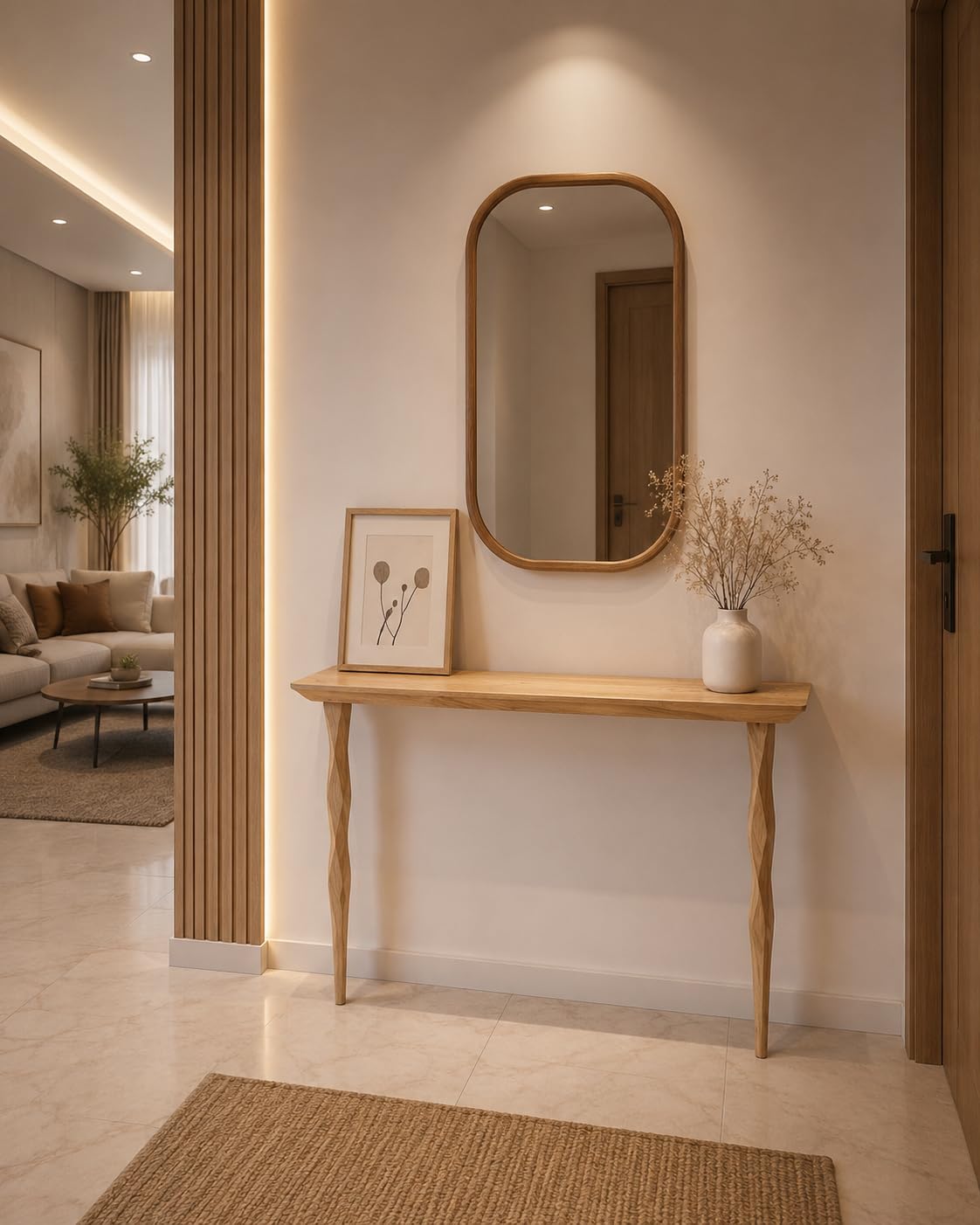 120Cm Length Premium Aesthetic Console Table with Storage | Narrow Wooden Entryway Accent Table | Solid Modern Carving Legs Design for Living Room, Hallway, Foyer, Entranc (Oak)-image-22