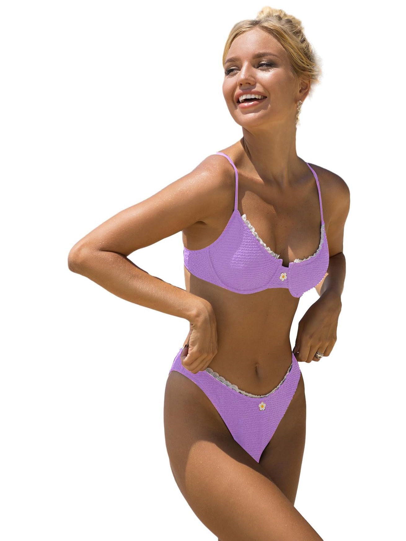 SOLY HUX Women's Bikini Sets High Waisted Bathing Suits Two Piece Swimsuits Sexy Lace Trim Underwire Swimwear