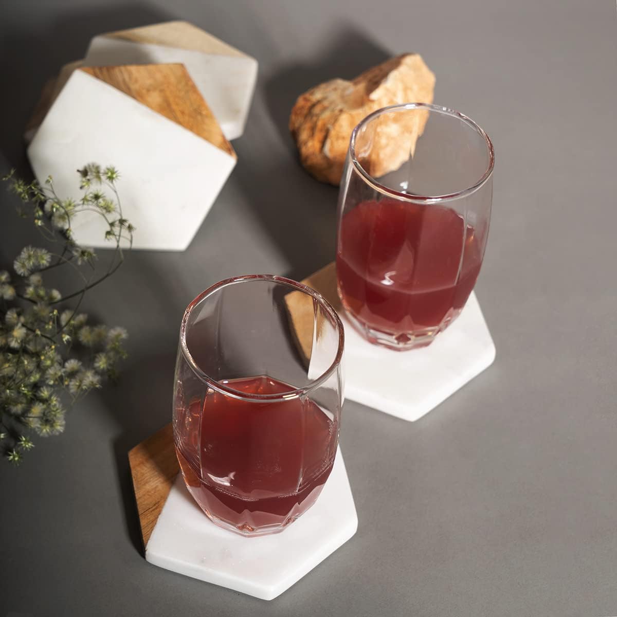 GoCraft Marble & Wood Coasters – Set of 6 Handcrafted Round Drink Coasters – White Marble with Natural Mango Wood – Geometric Coasters for Wine Glasses, Coffee, Bar, Kitchen & Home Use