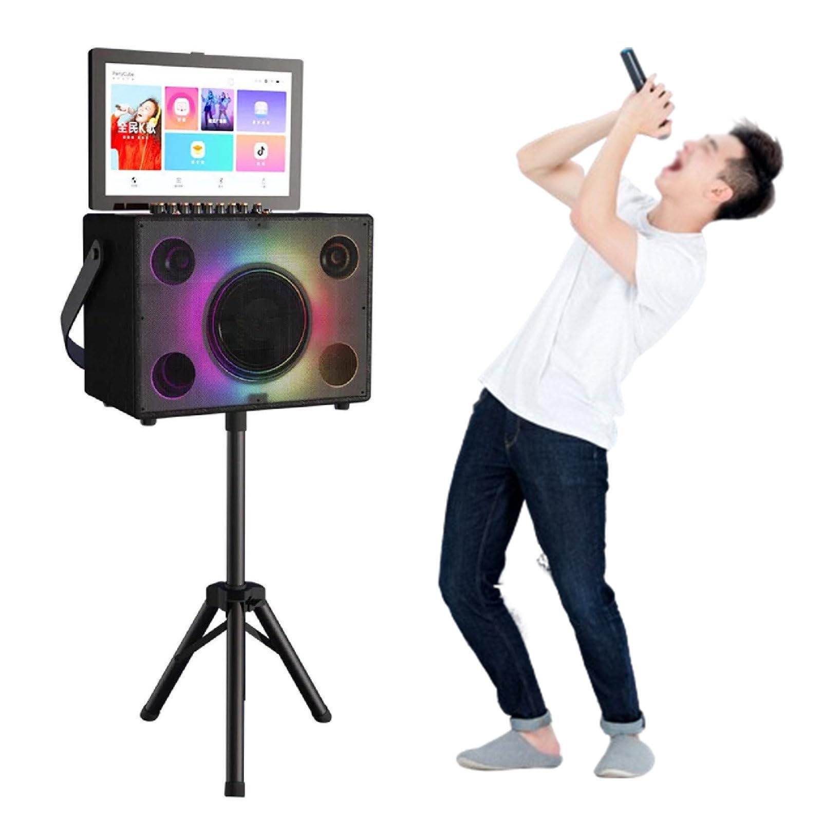 KTV - Sistema karaoke con display da 14,1", RAM da 2 GB, HDD da 500 GB, Bluetooth 5.0, WiFi a 2,4 GHz, microfono e treppiede, per intrattenimento familiare