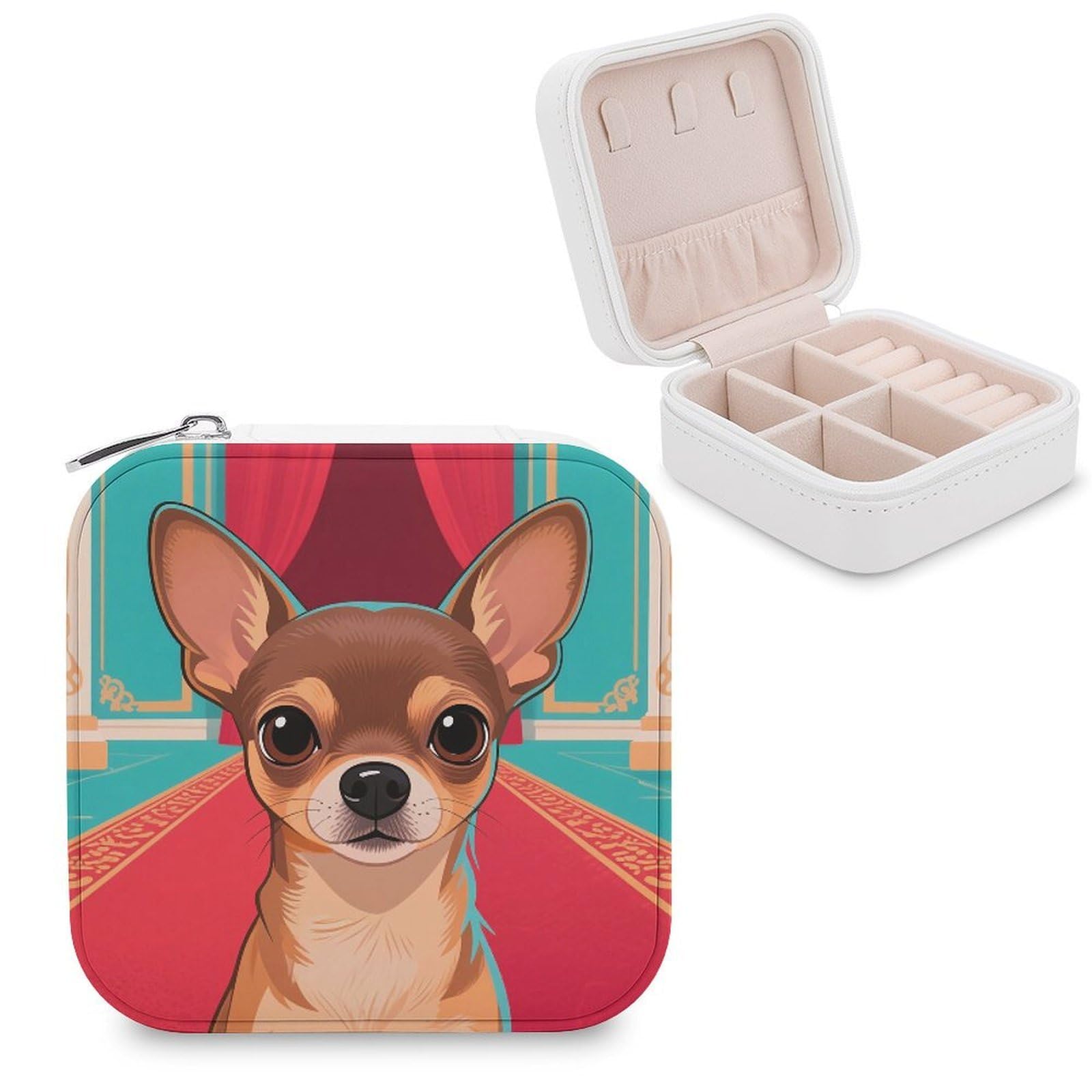 VstaDank Chihuahua Jewelry Organizer Travel Case for Women With Zipper Mini Jewelry Case PU Leather Jewelrys Box for Rings Necklaces Bracelets Earring Holder Organizer Storage