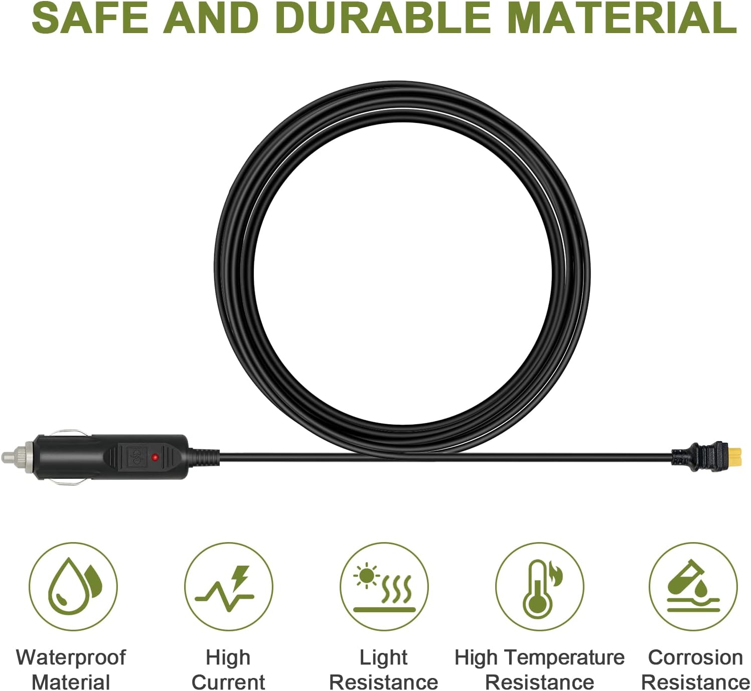 Image highlighting the safe and durable material of the cable, showing icons for waterproof material, high current, light resistance, high temperature resistance, and corrosion resistance.