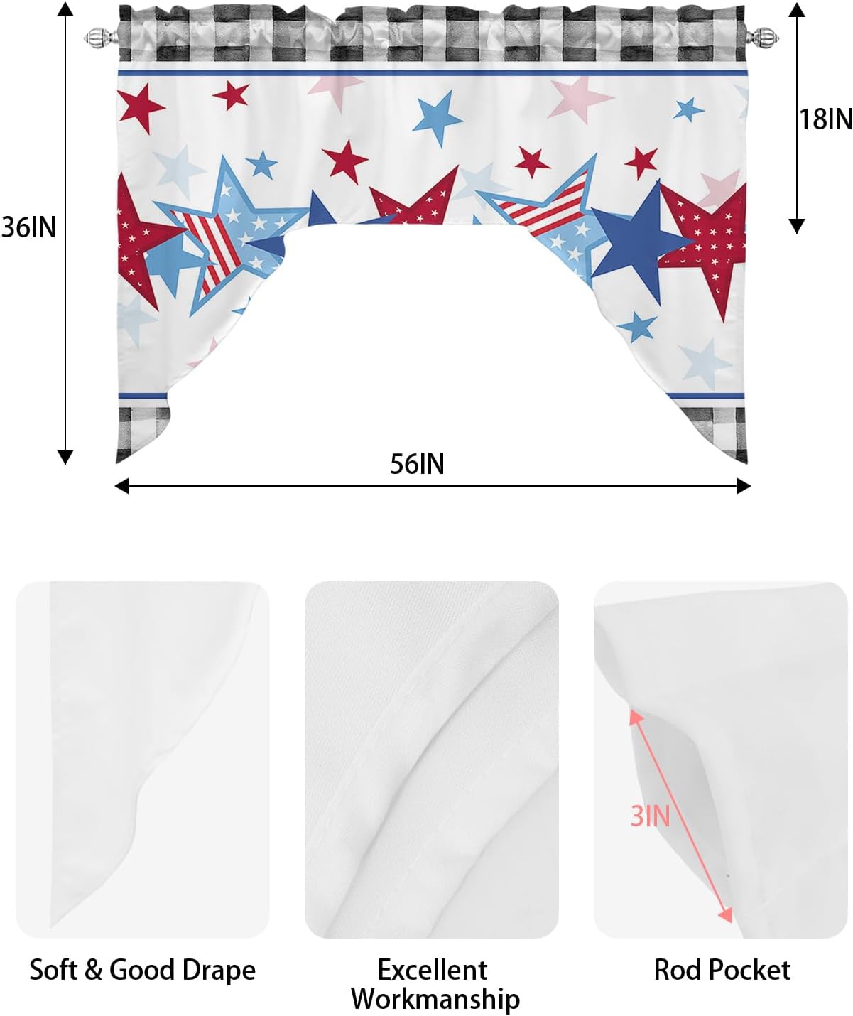 Buffalo Plaid Swag Curtain Tier Kitchen Rustic Valance Set Independence Day Star Rod Pocket Design Window Treatments Valance Bedroom Privacy Light Filtering Drapes Panels, 56x36in