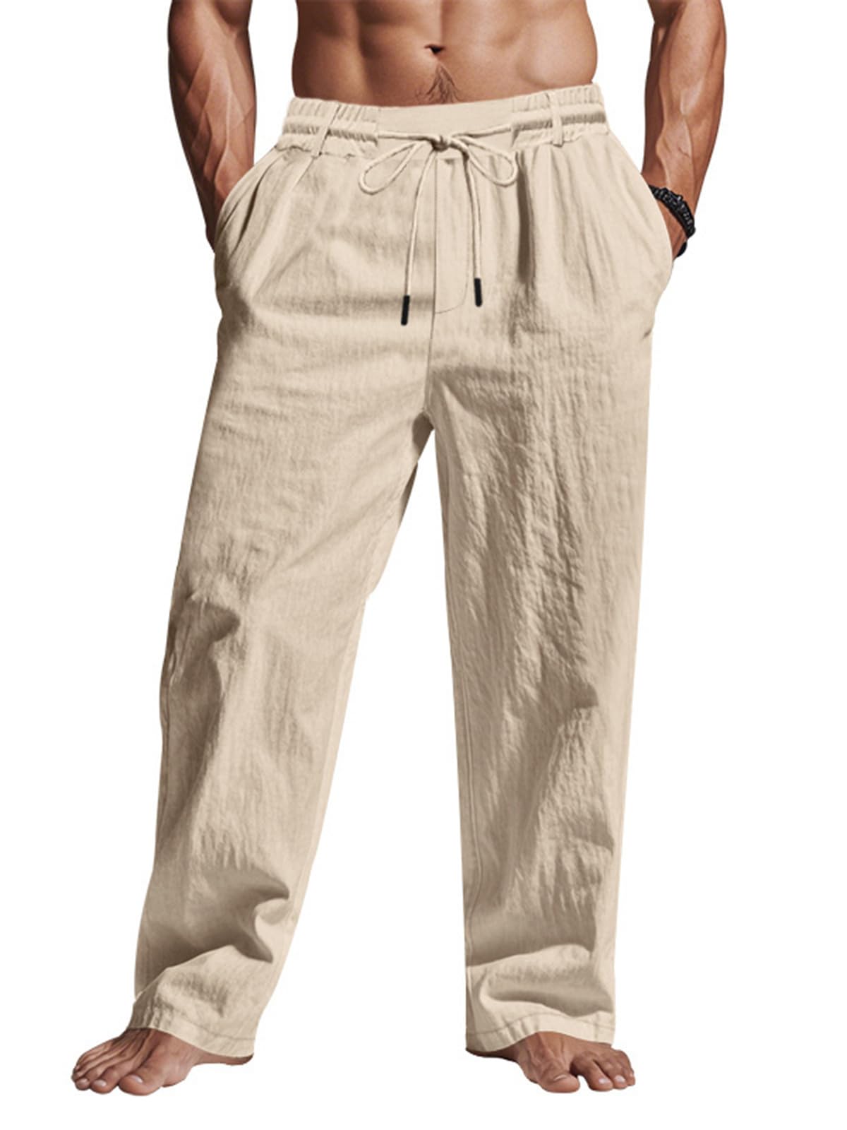 ‌Men's Linen Pants Lightweight Drawstring Elastic Waist Pockets Loose Fit Straight Legs Summer Beach Yoga