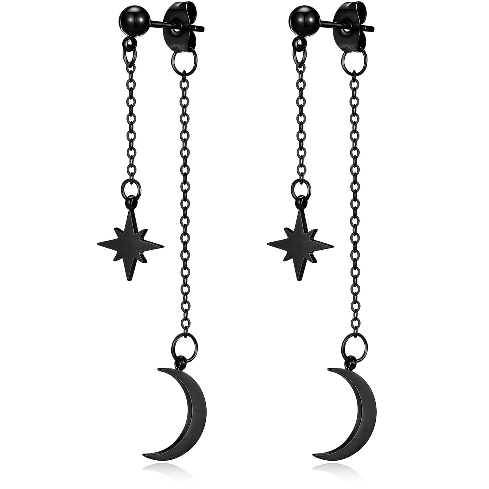 Fiklon Moon Star Dangle Earrings for Women Dangly Chain Earring - Hypoallergenic Stainless Steel Unique Celestial Dangling Jewelry Silver Gold Black &