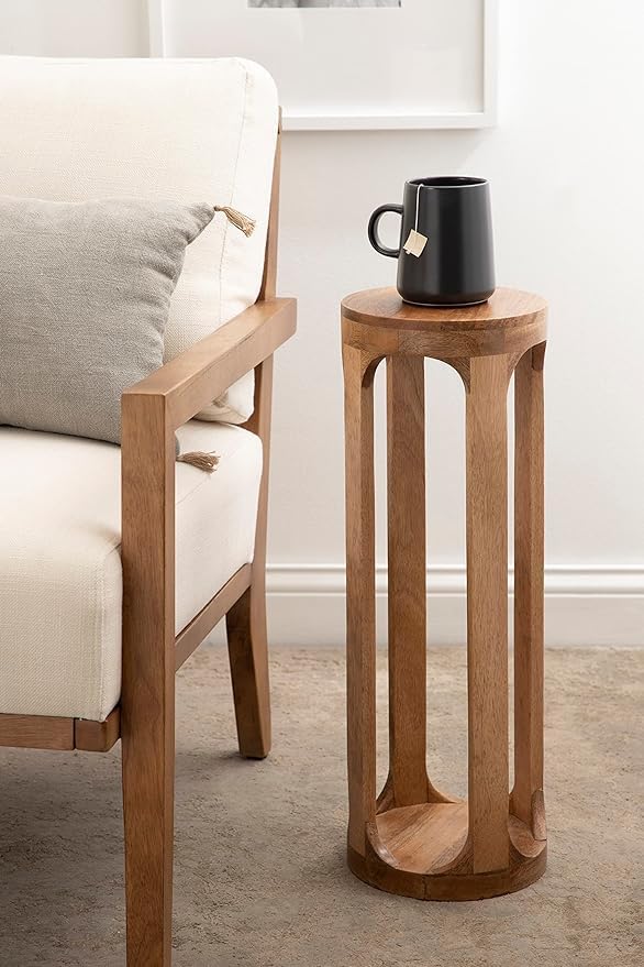 Solid Wooden Pedestal Stand Side Table – Walnut Finish Modern Home Décor Accent Table for Living Room Bedroom Office Plant Stand | 20x20x60 cm (Natural)-image-46