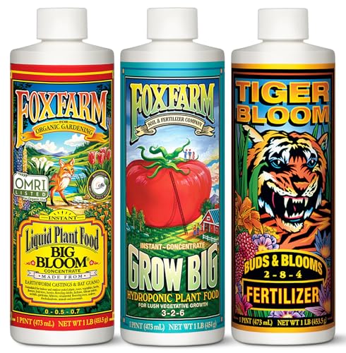 FoxFarm Liquid Nutrient Trio Hydro Formula: Big Bloom, Grow Big Hydro & Tiger Bloom - for Hydroponic Gardening, Green Growth, Buds & Late-Season Flowers, (3-16 oz Bottles)