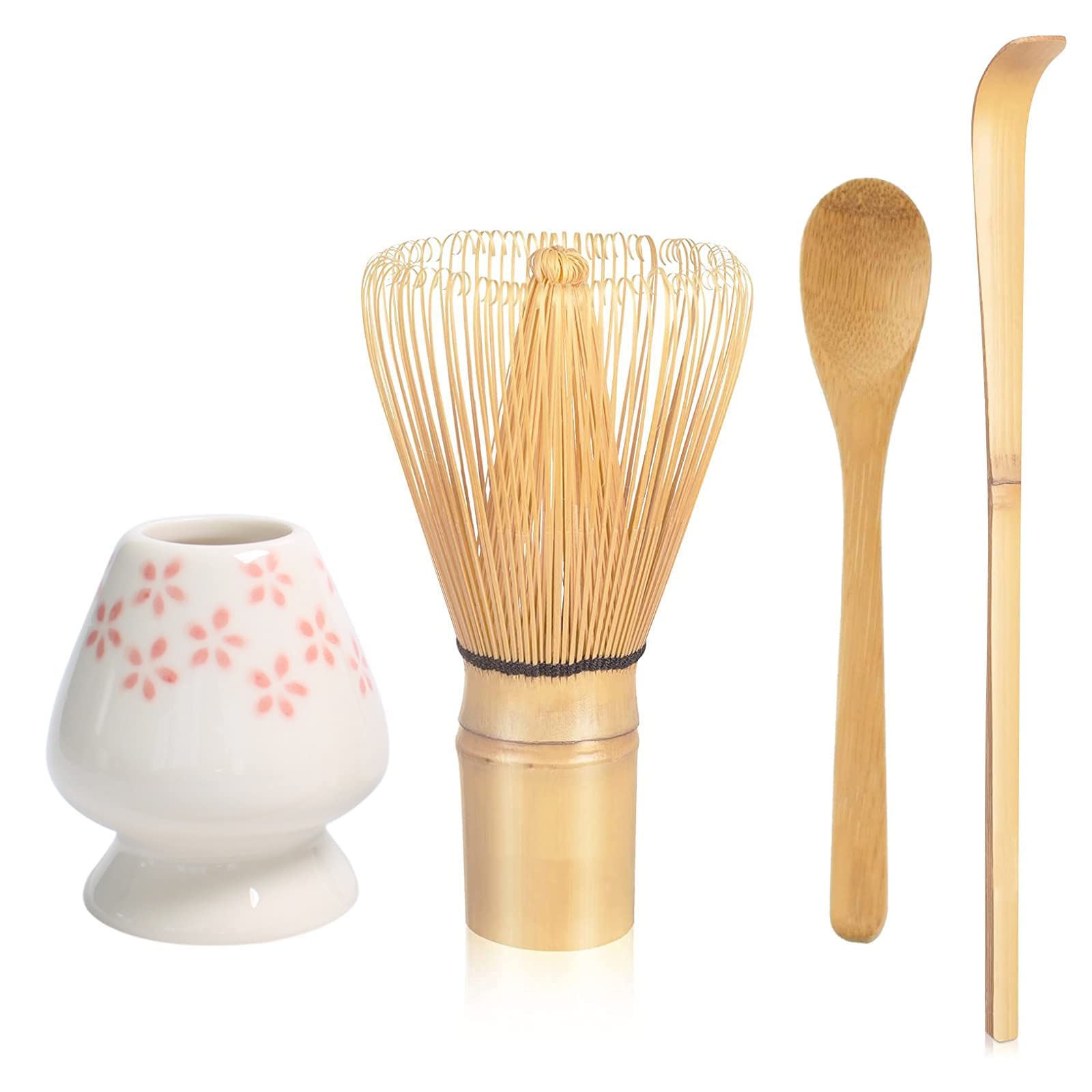 VYLORI Matcha Whisk Set - Matcha Whisk (Chasen), Traditional Scoop (Chashaku), Tea Spoon, Whisk Holder, The Perfect Bamboo Matcha Kit (White Cherry)