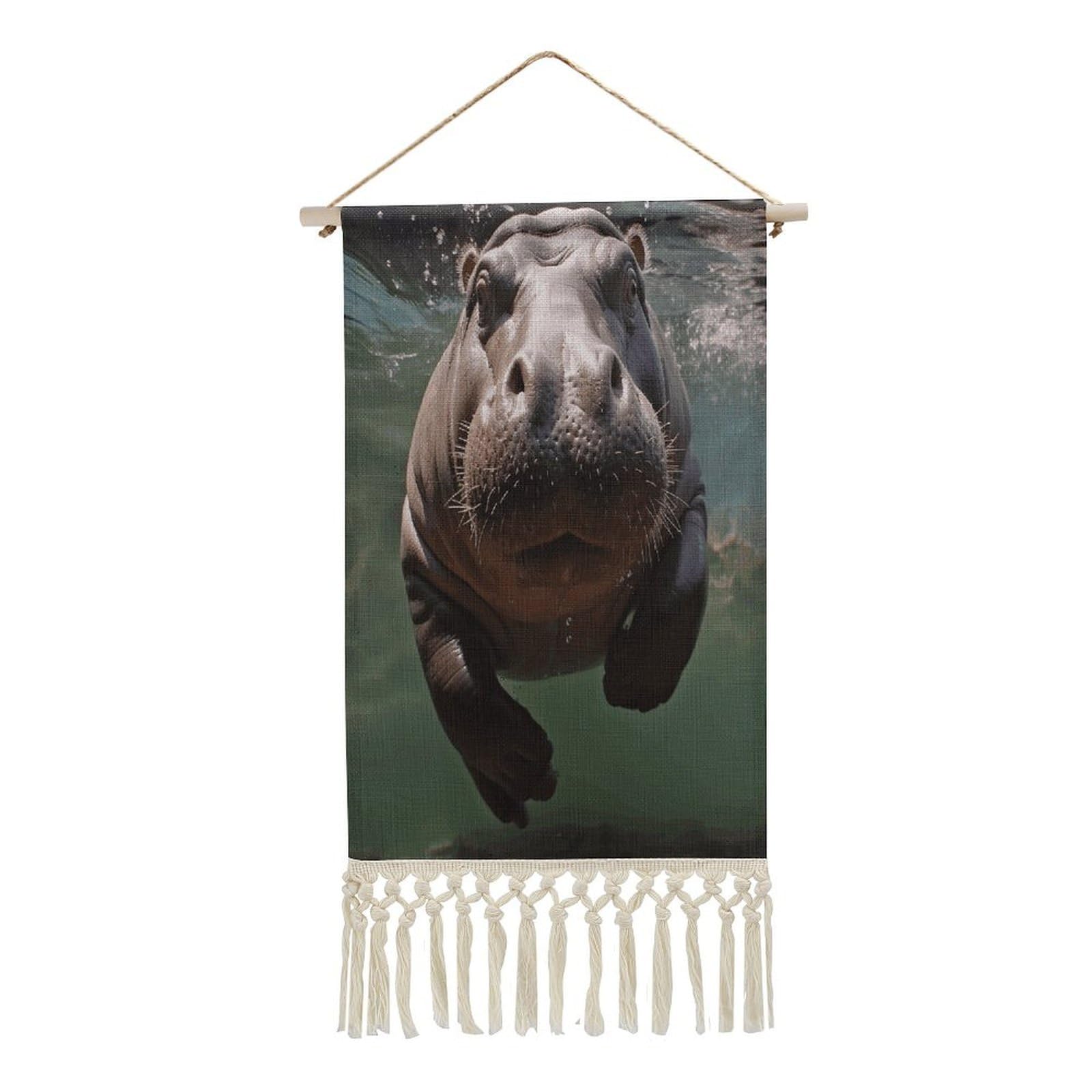 VstaDank Diving Hippo Wall Art Decor with Tassels 20"x10" Cotton Linen Hanging Tapestry Decor Wall Art Prints Wood Frame Boho Wall Art Poster for Bedroom Living Room Office
