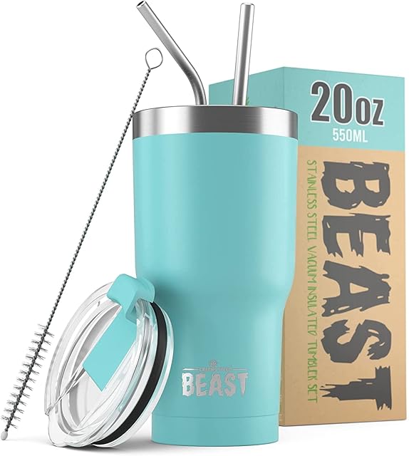 Beast Tumbler - 550 ml (20 oz), Aqua Blue | Reusable Stainless Steel, Vacuum Insulated Cup | with + 2 Straws & Cleaning Brush | Double Wall Travel Flask Perfect for Hot or Iced Coffee | BPA Free
