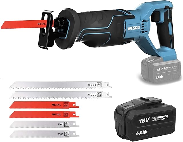 WESCO Cordless Reciprocating Saw 18V, 4.0Ah Li-Ion Battery, 0-3000SPM Variable Speed, 20mm Stroke Length,Tool-Free Blade Change, 6 Saw Blades Electric Saw Kits for Wood Metal / UKWS2947.1
