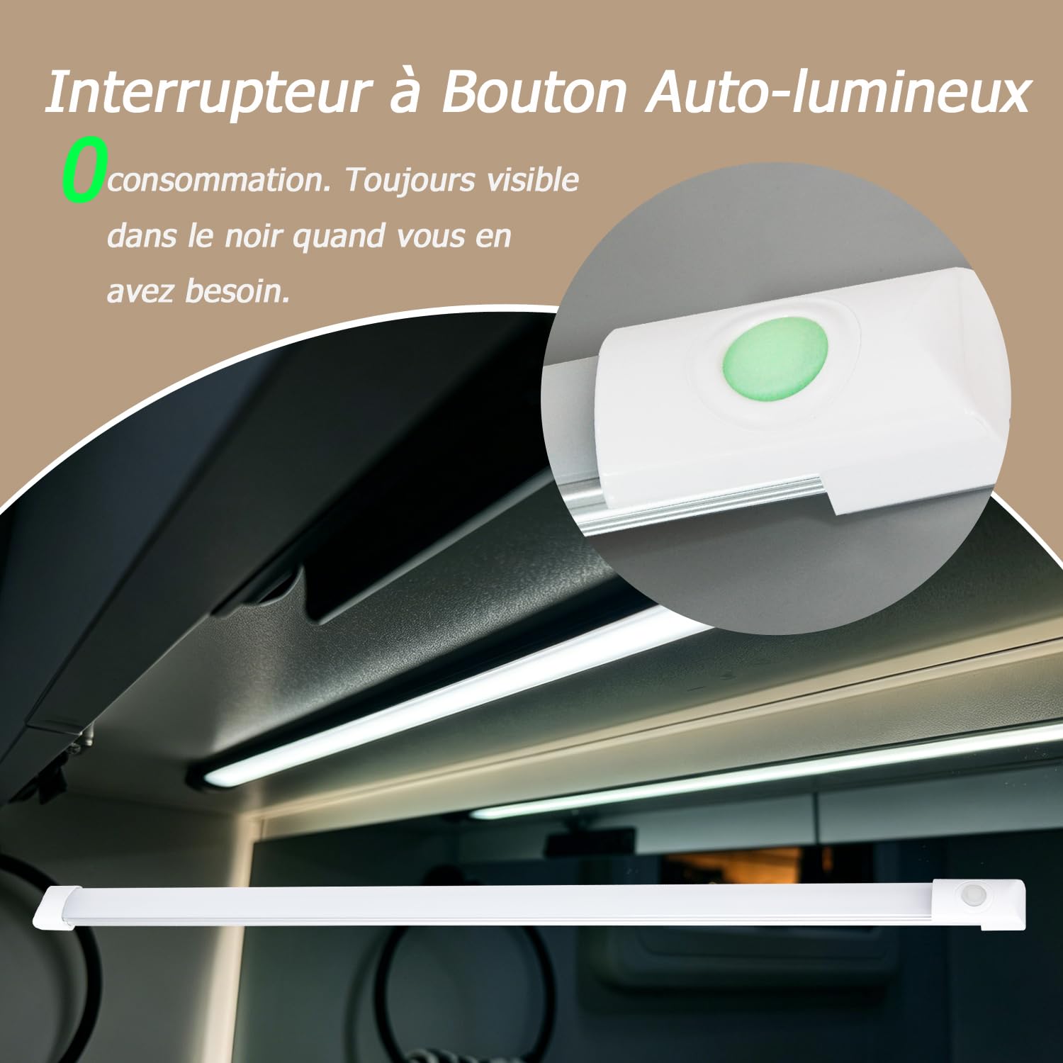 D-lite Reglette LED 12V 60CM pour Camping Car, Lumière Dimmable Blanc Froid 6000K, IP44, Ultra-plat, Éclairage Interieur sous Meuble pour Caravane, Fourgon, Bateau