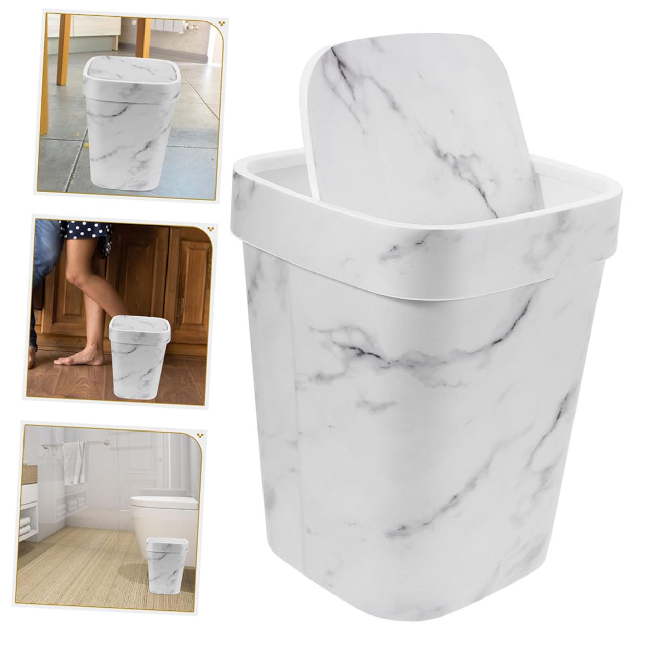 Marble Pattern Trash Can with Swing Lid 1 Piece Indoor Waste Basket for Bathroom Kitchen and Office Square Garbage Container Easy to Clean Sturdy Design