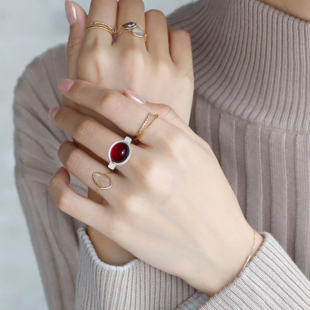 Classic Sterling Silver Natural Stone Ring,Oval Plain Simple Dainty Genuine Crystal Gemstone Quartz Ring for Women - Image 4