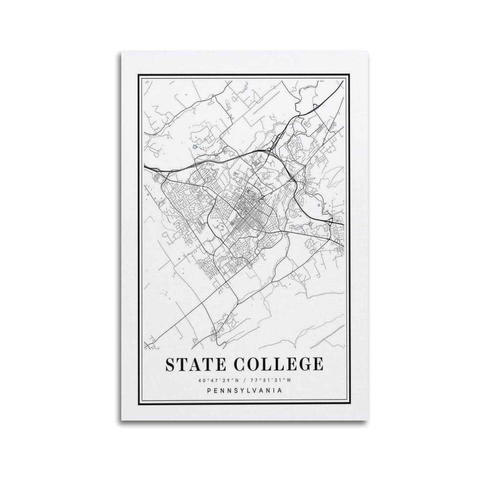 xiaoxiaoshen State College PA Map_1 Canvas Poster Wall Art Prints Room Aesthetic Murals Bedroom And Living Decorations 20x30inch(50x75cm)
