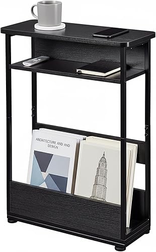 Mesa auxiliar estrecha vintage con estante de almacenamiento, mesa auxiliar delgada de 3 niveles, mesa de sofá moderna para espacios estrechos y
