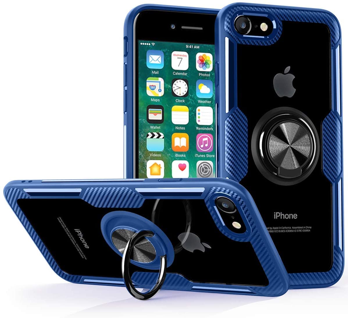 REALCASE Thermoplastic Polyurethane Carbon Fiber Bumper Design Transparent Crystal Clear Anti-Scratch Back | 360 ° Rotation Ring Case Back Cover for iPhone SE 3rd Generation / SE 2020/8 / 7 (CF-Blue)