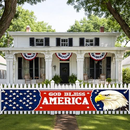 Image of BlissYard God Bless America Banner Patriotic 4th of July Decorations 118 x 20 inch Eagle National Independence Day Yard Sign Banner for Yard Fence Porch, Independence Day Decorations